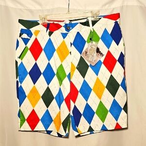 NWT Royal & Awesome "King of Diamonds" Mens Multi-colored Stretch Golf Shorts 40